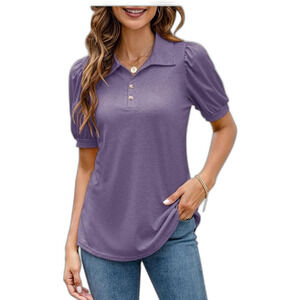 Womens Polo Shirts Button Down Collared Short Sleeve Tops V Neck  Blouses L.